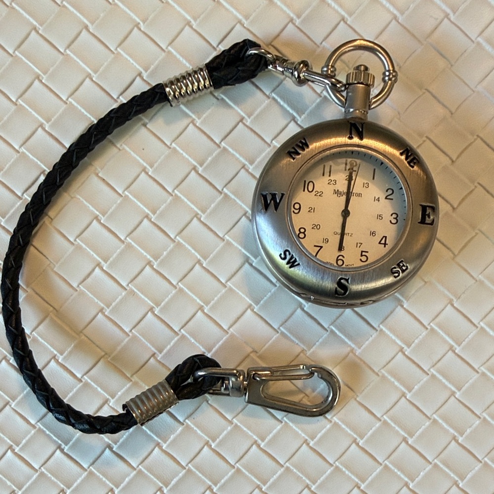 Silver Compass Pocket Watch Keychain with Black Braided Strap